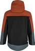 Rückseite einer Jacke mit Farbblöcken in Orange, Schwarz und Grau.