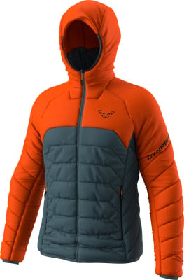 Orange Daunenjacke mit grauen Einsätzen und Kapuze.