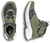 Grüne Wanderschuhe mit schwarzen und weißen Akzenten, Schnürung und robuster Sohle.