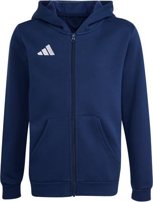 Eine dunkelblaue Herren-Kapuzenjacke mit Adidas-Logo auf der Brust. Eine dunkelblaue Herren-Kapuzenjacke mit Adidas-Logo auf der Brust.