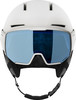 Weißer Skihelm mit integrierter blauer Brille und verstellbarem Riemen.
