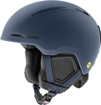 Ein blauer Uvex Skihelm mit MIPS-Technologie und verstellbarem Riemen.