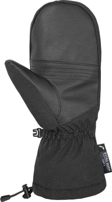 Schwarze Fäustlinge mit Lederdetails und verstellbarem Bund. Schwarze Fäustlinge mit Lederdetails und verstellbarem Bund.
