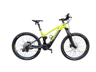 Ein grünes E-Bike mit Federung und schwarzen Rädern auf weißem Hintergrund.
