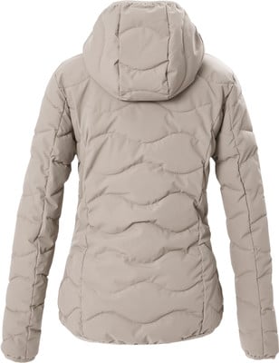 Rückansicht einer beige gesteppten Jacke mit Kapuze. Rückansicht einer beige gesteppten Jacke mit Kapuze.