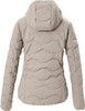 Rückansicht einer beige gesteppten Jacke mit Kapuze.