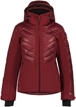 Rote Damen-Skijacke mit gesteppter Vorderseite und Kapuze.