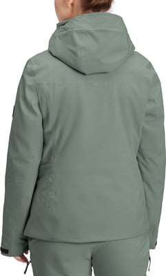 Rückansicht einer grünen Damen-Skijacke mit Kapuze.