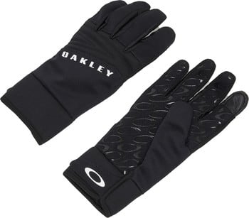 Schwarze Oakley-Handschuhe mit Logo auf dem Handrücken und griffigen Elementen an der Handfläche.