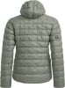 Rückansicht einer grauen Daunenjacke mit Kapuze und Logo am Ärmel.