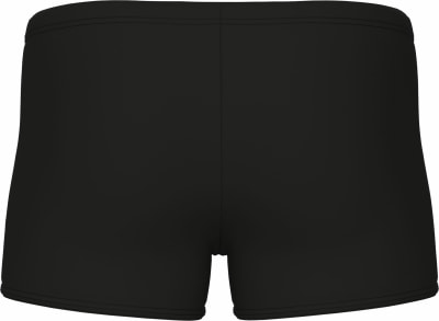 Schwarze Herren-Badeshorts mit kurzen Beinen, von hinten gezeigt. Schwarze Herren-Badeshorts mit kurzen Beinen, von hinten gezeigt.