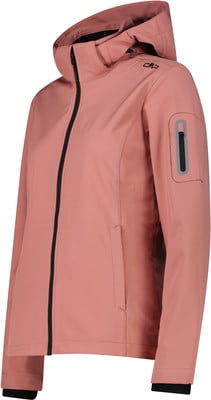 Eine rosa Damenjacke mit Kapuze und schwarzem Reißverschluss, mit Logo auf der Schulter.