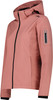 Eine rosa Damenjacke mit Kapuze und schwarzem Reißverschluss, mit Logo auf der Schulter.