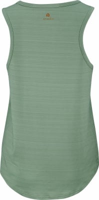 Grünes Damen-Tanktop ohne Ärmel mit Logo auf dem Rücken.