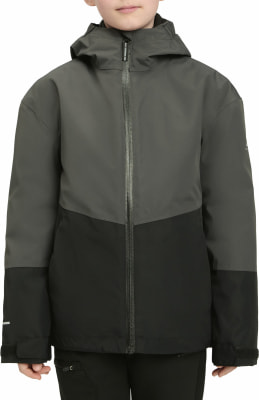 Kinderjacke mit durchgehendem Reißverschluss und Kapuze in zweifarbigem Design.