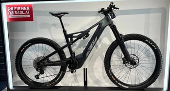 Ein KTM Fullsuspension E-Bike mit modernem Design und RockShox-Federung.