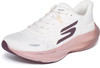 Weiße Laufschuhe mit rosa Sohle und dunkelviolettem Skechers-Logo.