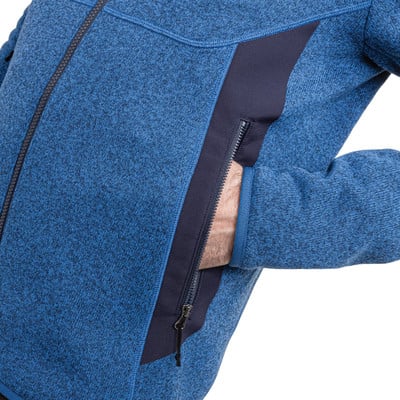 Blaue Jacke mit dunkelblauem Einsatz und Reißverschluss. Blaue Jacke mit dunkelblauem Einsatz und Reißverschluss.