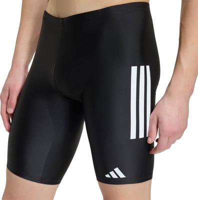 Schwarze Adidas-Herrenshorts mit weißen Streifen und Logo. Schwarze Adidas-Herrenshorts mit weißen Streifen und Logo.