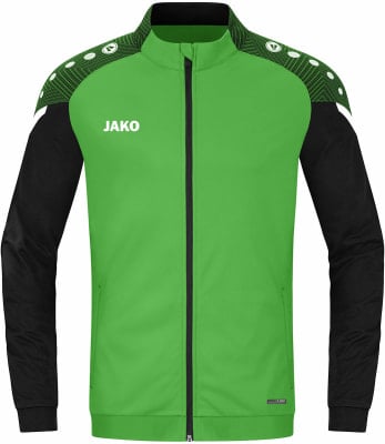 Grüne Jacke mit schwarzen Ärmeln und JAKO-Logo auf der Brust. Grüne Jacke mit schwarzen Ärmeln und JAKO-Logo auf der Brust.