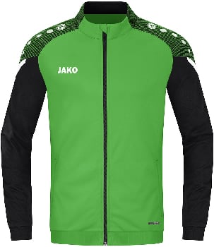 Grüne Jacke mit schwarzen Ärmeln und JAKO-Logo auf der Brust.