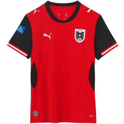 Rotes Fußballtrikot mit schwarzen Ärmeln und österreichischem Wappen.