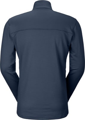 Rückansicht einer dunkelblauen Langarmjacke mit texturierter Oberfläche. Rückansicht einer dunkelblauen Langarmjacke mit texturierter Oberfläche.