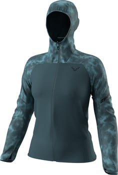 Damen dunkelblaue Kapuzenjacke mit Dynafit-Muster.