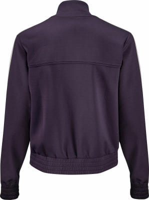 Rückansicht einer dunkelvioletten Jacke mit weißen Streifen an den Ärmeln. Rückansicht einer dunkelvioletten Jacke mit weißen Streifen an den Ärmeln.