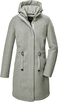Grauer Damenmantel mit Kapuze und Zierkordeln an den Taschen. Grauer Damenmantel mit Kapuze und Zierkordeln an den Taschen.