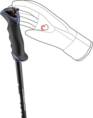 Handschuh für Skistöcke mit rotem Kreis, der die Grifffläche anzeigt. Handschuh für Skistöcke mit rotem Kreis, der die Grifffläche anzeigt.