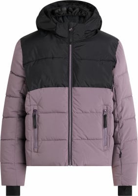Eine zweifarbige Daunenjacke in Schwarz und Lila mit Kapuze und Reißverschluss.