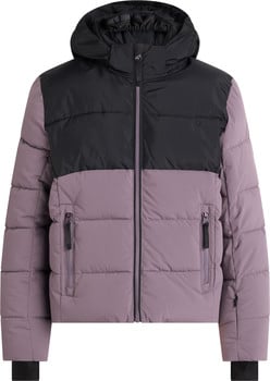 Eine zweifarbige Daunenjacke in Schwarz und Lila mit Kapuze und Reißverschluss.