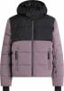 Eine zweifarbige Daunenjacke in Schwarz und Lila mit Kapuze und Reißverschluss.