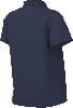 Rückansicht eines dunkelblauen kurzärmeligen Poloshirts.