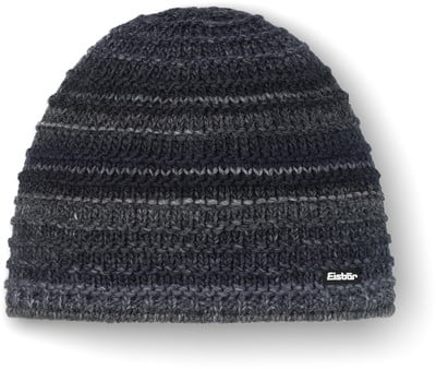 Graue Strickmütze mit Streifenmuster und Eisbär-Logo. Graue Strickmütze mit Streifenmuster und Eisbär-Logo.