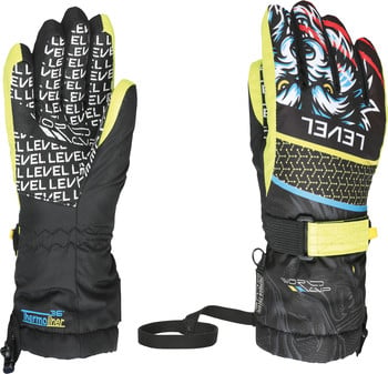 Skihandschuhe mit Wolfsmotiv und LEVEL-Logo.