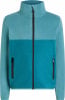 Fleecejacke in zwei Blautönen mit schwarzem Reißverschluss und Taschen.