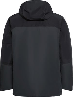 Rückansicht einer schwarzen Herrenjacke mit Kapuze und Kontrastpaneelen. Rückansicht einer schwarzen Herrenjacke mit Kapuze und Kontrastpaneelen.