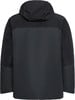 Rückansicht einer schwarzen Herrenjacke mit Kapuze und Kontrastpaneelen.