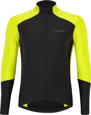 Schwarze Jacke mit neongelben Akzenten und Reißverschluss. Schwarze Jacke mit neongelben Akzenten und Reißverschluss.