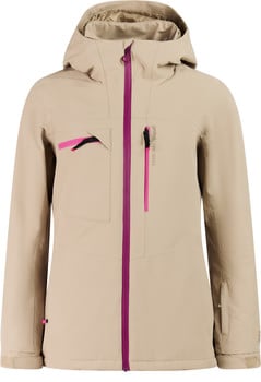 Beige Damen-Skijacke mit pinken Details und Kapuze.
