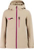 Beige Damen-Skijacke mit pinken Details und Kapuze.