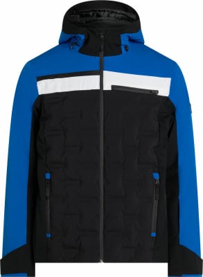 Blaue Herren-Skijacke mit schwarzen und weißen Streifen und gestepptem Körper. Blaue Herren-Skijacke mit schwarzen und weißen Streifen und gestepptem Körper.