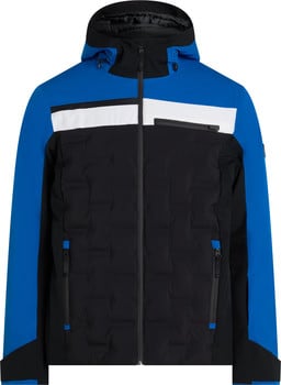 Blaue Herren-Skijacke mit schwarzen und weißen Streifen und gestepptem Körper.