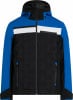 Blaue Herren-Skijacke mit schwarzen und weißen Streifen und gestepptem Körper.