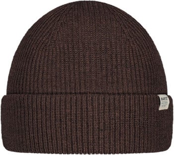 Braune Strickmütze mit Umschlag und kleinem Etikett.
