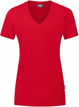 Rotes Damen-T-Shirt mit V-Ausschnitt und kurzen Ärmeln.