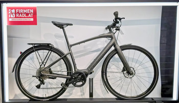 Graues Herren-E-Bike mit Ständer und Logo an der Wand.