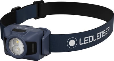 Eine blaue Ledlenser Stirnlampe mit zwei LEDs und verstellbarem Gurt. Eine blaue Ledlenser Stirnlampe mit zwei LEDs und verstellbarem Gurt.